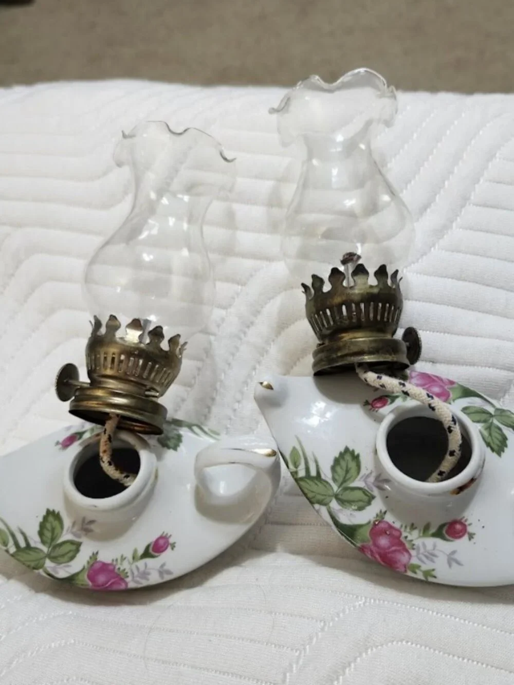 2 Hurricane Kerosine oil lamps pair Porcelain Pink Roses gold trim white lantern